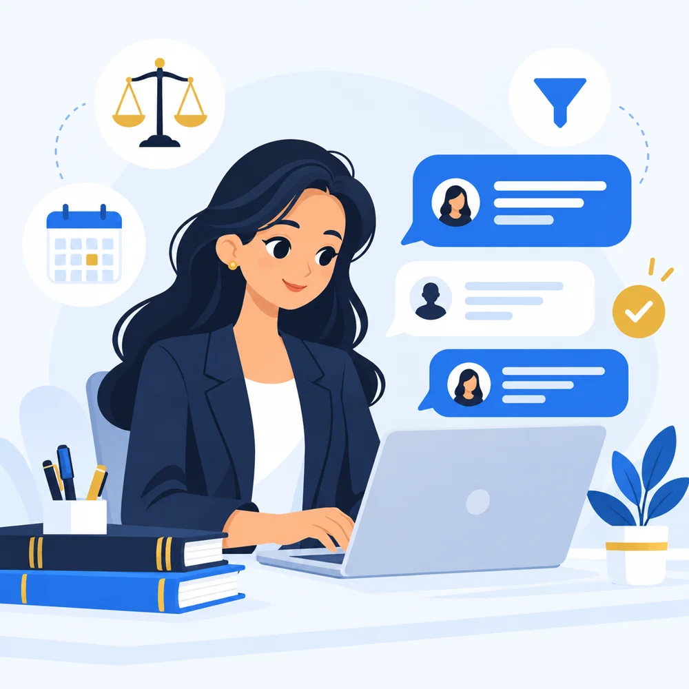 Ilustração de uma advogada atendendo mensagens no notebook, com a balança da justiça, um calendário e o funil de atendimento ao redor.
